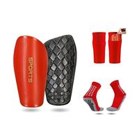 Kids Adults Shin Pads Football Shin Guards with Shin Pads Sleeves football equipment Avoid Slip Out Insert Pocket Calf Sleeves High Elastic Shin Guard Socks - Children Boys Girls Men(Red,L)