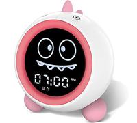 Kids Alarm Clock, Toddler Sleep Training Clock with Night Lights, Sound Machine, Time to Wake Dinosaur Alarm Clock for Children (Pink)