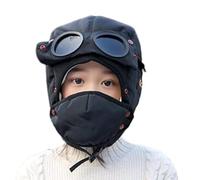 Kids All-Around Winter Outdoor Trapper Hat Snow Ski Hat with Earflap Goggles Removable Mask Winter Windproof Bomber Hat Eye Protection Hat for Kids 3-7 Years Black
