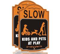 Kids and Pets at Play Safety Signs 2-Pack 18 x12" Slow Sign Metal Reflective for Street Lawn Neighborhoods Children Playing Yard Road Visual Signal