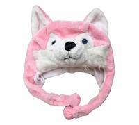 Kids Animal Winter Hat - 50 X 30cm Cute Bear Raccoon Wolf Pink Plush Cotton Dome Style Warm Beanie with Ear Strap | Windproof Beanies for Kids