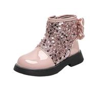 Kids Ankle Boots Stylish Sequin Faux Pu Leather Winter Shoes, Toddler Girls Waterproof Non-Slip Walking Booties Comfy School Shoes Zipper Holiday Outdoor Footwear