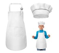 Kids Apron and Chef Hat Set, Adjustable Children Apron with 2 Pockets for Boys Girls, Toddler Chef Apron Kitchen Garden Bib Aprons for Cooking Baking Painting Crafting (7-13 Year) (White)