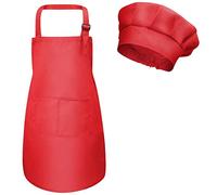 Kids Apron and Chef Hat Set, Adjustable Children Chefs Apron with Pockets for Boys Girls, Toddler Kitchen Garden Bib Aprons for Cooking Baking Painting Crafting Wear (M for 3-6 Age) (Red)