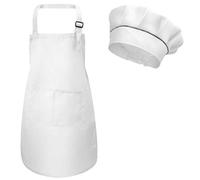 Kids Apron and Chef Hat Set, Adjustable Children Chefs Apron with Pockets for Boys Girls, Toddler Kitchen Garden Bib Aprons for Cooking Baking Painting Crafting Wear (M for 3-6 Age) (White)