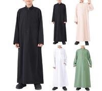 Kids Arab Saudi Robe Muslim Robe Jubba Thobe Daffah Islamic Cotton Gown Dubai Abaya Boys Long Sleeve Stand Collar Loungewear with Chest Pocket (White, 11-12 Years)