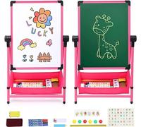 Kids Art Easel Double Sided Iron Easel Whiteboard Chalkboard 26inch-43inch Height Adjustable 360° Rotating Easel Standing Drawing Board with Bonus Letters and Numbers(Pink)