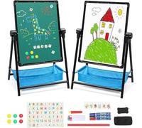 Kids Art Easel Double-Sided Whiteboard Chalkboard Iron Easel Height Adjustable Foldable Standing Easels 360° Rotating Painting Easels with Bonus Letters and Numbers Accessories(Black)