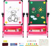 Kids Art Easel Double-Sided Whiteboard Chalkboard Iron Easels 26-43in(66-110cm) Height Adjustable Foldable Standing Easel 360° Rotating Painting Easels with Bonus Letters and Numbers Accessories