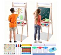 Kids Art Easel Set, Wooden Art Easel, Height Adjustable Magnetic Whiteboard & Chalkboard with Paper Roll & Painting Accessories, Folding Double Sided Drawing Board for Girls & Boys Ages 2-12 Wooden