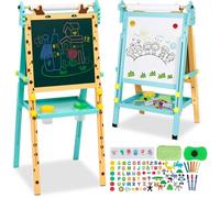 Kids Art Easel with Paper Roll Storage Tray Double-Sided Adjustable Height Whiteboard & Chalkboard Standing Easel with Numbers and Other Accessories Painting Drawing Board for Toddlers Boys Girls