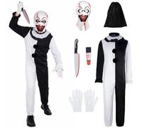 Kids Art the Clown Costume Terrifier Jumpsuit with Scary Mask, Gloves, Plastic Dagger, Blood & Bag Horror Killer Clown Halloween Outfit for Boys Girls Cosplay
