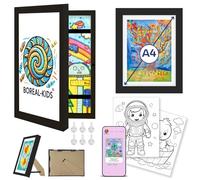 Kids Artwork Display Frames- 2 Pcs, Black- Front Opening, A4 Changeable 150 Pictures or Child Photo- with Mount for Hang on Wall and Kickstand -2 drawing designs + Online Drawing Challenge Game Access