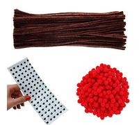 Kids B Crafty Brown Pipe Cleaners, Pipe Cleaners for Craft, 6mm x 30cm (12 Inches) 100, 100 Red Pom Poms, 192 10mm Googly Eyes Self Adhesive, Christmas Crafts,Party Set