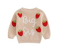 Kids Baby Girl Big Sis Letter Sweater Top Cute Strawberry Embroidery Knit Top Long Sleeves Round Neck Pullover Knitwear (Beige, 2-3 Years)