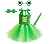 Kids Baby Girl Halloween Jungle Animal Costume Tiger/Leopard/Cows/Zebra/Giraffe Fancy Dress Up Tutu with Headband Tail 3PCS Christmas Carnival Birthday Cosplay Party Dress Green&Frog 11-12 Years