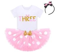 Kids Baby Girls 3rd Birthday Outfits Short Sleeve Tshirt Top+Polka Dots Tutu Skirt+Headband 3pcs Minnie Mouse Fancy Dress Up Party Costume Cake Smash Clothes for Photo Props Pink-THREE 3 Years