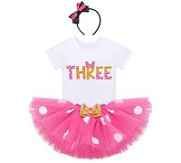 Kids Baby Girls 3rd Birthday Outfits Short Sleeve Tshirt Top+Polka Dots Tutu Skirt+Headband 3pcs Minnie Mouse Fancy Dress Up Party Costume Cake Smash Clothes for Photo Props Hot Pink-THREE 3 Years