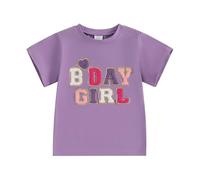 Kids Baby Girls Summer Birthday T-Shirts Short Sleeve Solid Colour Letters Embroidery Outfits Little Girls Cotton Celebration Shirts for 0-7 Years Old (Purple, 7-8 Years)