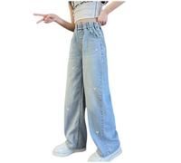Kids Baggy Jeans Girls Heart Jeans Cute Embroidery Pattern Light Blue Elasticated Waist Teens Denim Cargo Trousers Wide Leg Girl Hip Hop Pants Vintage Casual Spring Summer Joggers