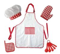 Kids Baking Apron Set - Cotton Cooking Apron Hat Gloves 5 Piece Kids Cooking Set with Spoons Insulation Mat | Kids Kitchen Playset for Parent-Child Interactions, Little Chefs