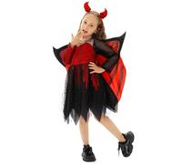 Kids Bat Witch Costume Classic Halloween Costume Teen Girls Gothic Medieval Elegant Lace Dress with Wing and Headband Fancy Dress Carnival Cosplay Outfit Themed Party 3-15 Years (Red, S)
