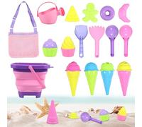 Kids Beach Sand Toy Set Collapsible Sand Buckets with Mesh Bag Portable Travel Beach Shovels Set with Watering Can Ice Cream Mould for Toddler Boys Girls Age 3 Years Old and Up