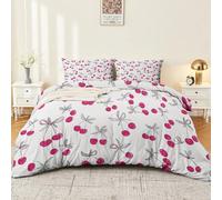 Kids Bedding Set 260 x 220 cm - Minimalist Bow Fruit Cherry Super King Size Pink Duvet Cover Set Soft Easy Care Microfiber Quilt Duvet Cover with Pillow Case, Children's Bedding Bed Covers
