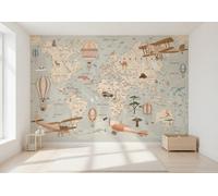 Kids bedroom Wallpaper Map of the World Adventure wall mural brown planes