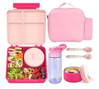 Kids Bento Lunch Box with 8oz Soup Thermo, Water Bottle, Leakproof Lunch Food Containers with 4 Compartment, Kids Insulated Hot Food Jar with Lunch Bag for School(Pink)