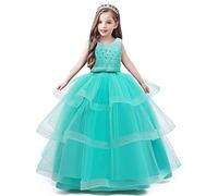 Kids Big Girls Bridesmaid Tulle Lace Dress Elegant A Line Communion Ball Gown Dance Pageant Birthday Party Prom Evening Wedding Dress Sleeveless Floor Length 5-16 Years (Green, 10-11 Years old)