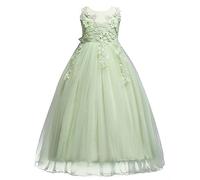 Kids Big Girls Bridesmaid Tulle Lace Dress School Girls Elegant Communion Ball Gown Dance Pageant Birthday Christmas Party Prom Evening Wedding Flower Dress Sleeveless Floor Length Light Green 12-14