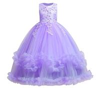 Kids Big Girls Sleeveless Lace Embroidery Wedding Bridesmaid Princess Layered Tulle Party Dress Evening Dance Prom Ball Gowns Light Purple 140