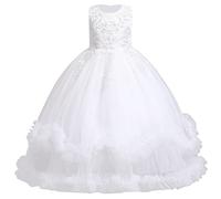 Kids Big Girls Sleeveless Lace Embroidery Wedding Bridesmaid Princess Layered Tulle Party Dress Evening Dance Prom Ball Gowns White 140