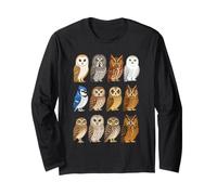 Kids Bird Watching Cartoon Owl Portrait Grid Long Sleeve T-Shirt