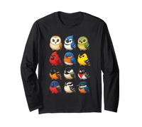 Kids Bird Watching Cartoon Owl Portrait Grid Long Sleeve T-Shirt