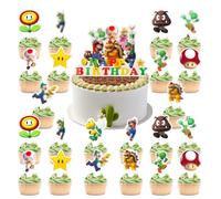 Kids Birthday Cake Toppers Deco- 25Pcs Bros Cake Deco Girls Boys Birthday Party Decoration Supplies Personalised Catoon Cake Topper for Game Lover Fans Theme birthday Party Baby Shower Cake