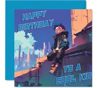 Kids Birthday Card for Boys Girls - Cool Cyberpunk Boy Blue - Happy Birthday Card for Son Daughter Niece Nephew Grandchild Kid Children Him Her, 145mm Bday Greeting Cards