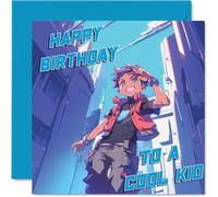 Kids Birthday Card for Boys Girls - Cool Cyberpunk Boy Light Blue - Happy Birthday Card for Son Daughter Niece Nephew Grandchild Kid Children Him Her, 145mm Bday Greeting Cards