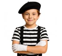 Kids Black and White Stripe T-Shirt, Black Beret Hat, White Gloves & Black Braces Set - Boys French Mime Fancy Dress Costume Outfit - World Book Day (7-8 Years)