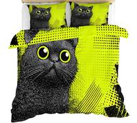 Kids Black Cat Bedding Single Duvet Cover Sets 135 X 200 cm for Boys, Green Background Print Quilt Cover & 2 Pillowcases Microfiber Comfortable Breathable Teen Cute Animal Cat Bedding Set 3 Pcs