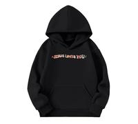 Kids Black Hoodies Girls Casual Long Sleeve Coloured Jesus Loves You Hoodies Cute Oversized Warm Hoody Hooded Sweatshirt Outerwear Tops Classic Pullover School Sweat Wear (Black, 5-6 Years)
