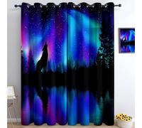 Kids Blackout Curtains - Boys Girls Nordic Aurora Borealis Starry Sky Forest Wolf 3D Print Pattern Grommet Top Thermal Insulated Window Drapes for Bedroom Playroom 2 Panels W46.1 x L90.6
