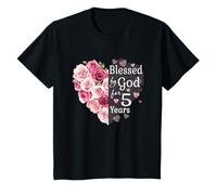 Kids Blessed by God for 5 Years Rose Flower Heart 5th Birthday T-Shirt