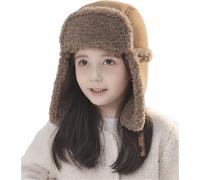 Kids Bomber Russian Hat Winter Warm Trooper Trapper Hats Boys Girls Soft Ushanka Cossack Aviator Cap for Children Age 2-6 Years Ear Flap Face Protector for Skiing Cycling, Pink, Grey, Light Brown