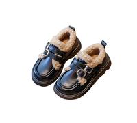 Kids Boots Girls Leather Solid Color Thick Soft Sole Shoes with Buckle Strap Fleece Lining Comfortable Flat Casual Footwear Non-Slip Sole Outdoor Breathable Boots Black