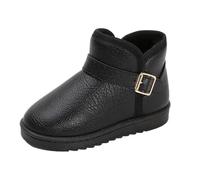 Kids Boots Girls Leather Waterproof Solid Color Thick Soft Sole Shoes with Buckle Strap Fleece Lining Comfortable Flat Footwear Non-Slip Sole Outdoor Breathable Boots Black