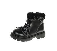 Kids Boots Girls Solid Color Bow Flower Side Zipper Flat Ankle Boots Fleece Lining Lace-up Non-Slip Walking Soft Sole Shoes Outdoor Breathable Footwear for Wedding School Party Black