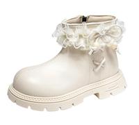 Kids Boots Girls Solid Color Comfortable Flat Buckle Zip Up Shoes Princess Leather Bow Flower Soft Sole Shoes Wide Fit Anti-Slip Outdoor Breathable Footwear Walking Ankle Boots Beige