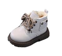 Kids Boots Side Solid Color Fleece Lining Boots Leather Soft Bottom Elasticated Lace-up Short Shoes Non-Slip Sole Outdoor Footwear Breathable School Shoes Beige